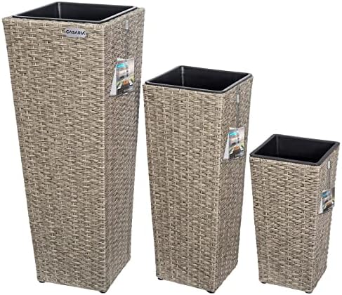 Ensemble de 3 Pots de Fleurs en polyrotin Ivoire - Cache-Pot intérieur/extérieur avec bac à Fleurs - Jardinière design et pratique