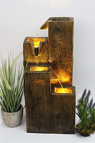 Fontaine de jardin aspect bois avec éclairage Blanc chaud - Arnusa BK823 : ambiance chaleureuse assurée !
