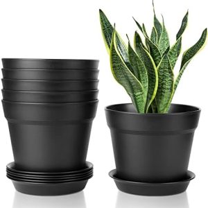 Lot de 6 Pots de Fleurs Noirs 20cm en Plastique pour Jardin et Balcon - Pot de Terre avec Trou d'échappement, Intérieur et Extérieur